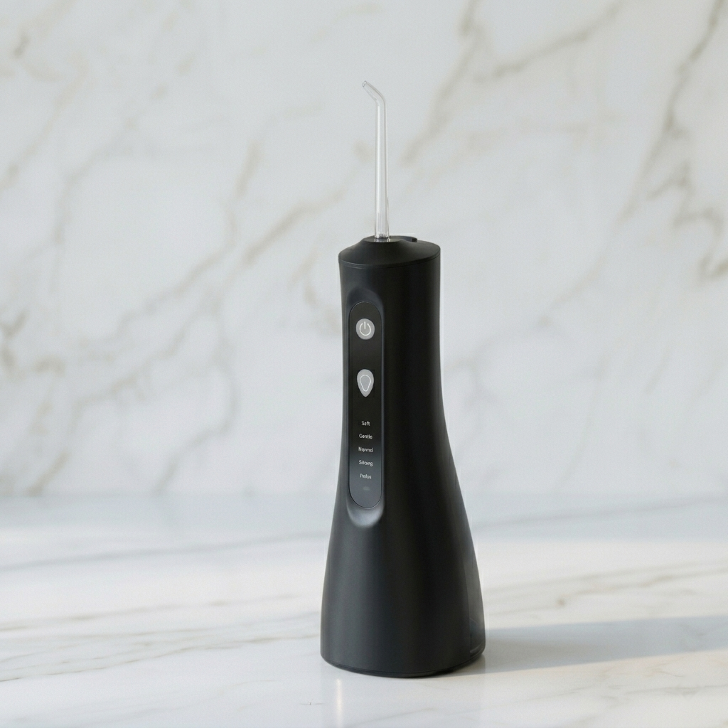 Black dental water flosser on a marble surface with a light gray background