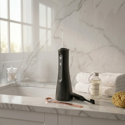 Black dental water flosser on a marble countertop with bathroom items.
