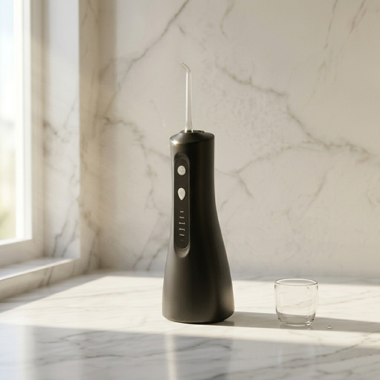 Black cordless dental tool on a marble surface with a glass of water.