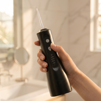 Hand holding a black dental water flosser in a bathroom setting
