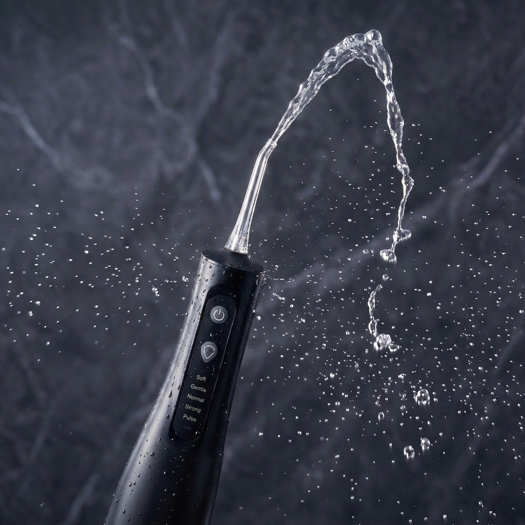 Black water flosser device with water being expelled against a dark background