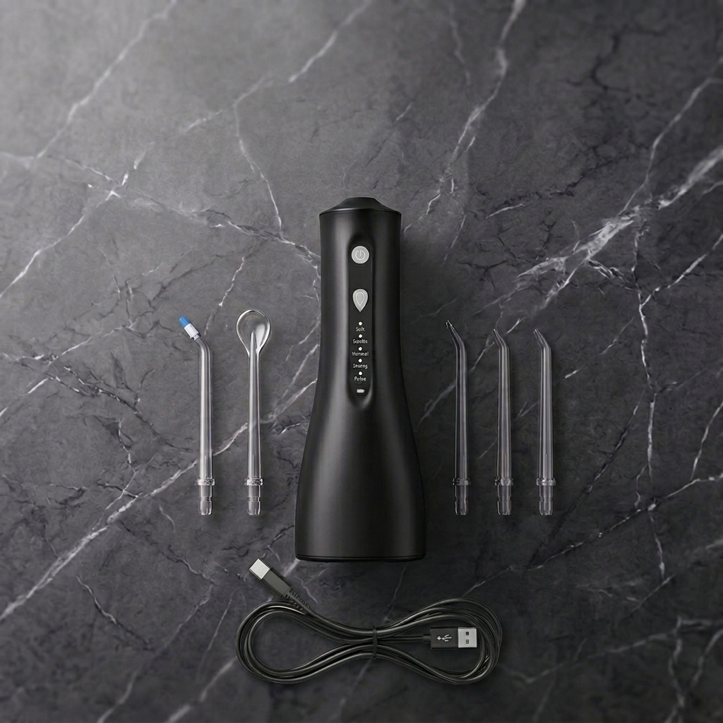 Black dental water flosser with various nozzles on a dark marble surface