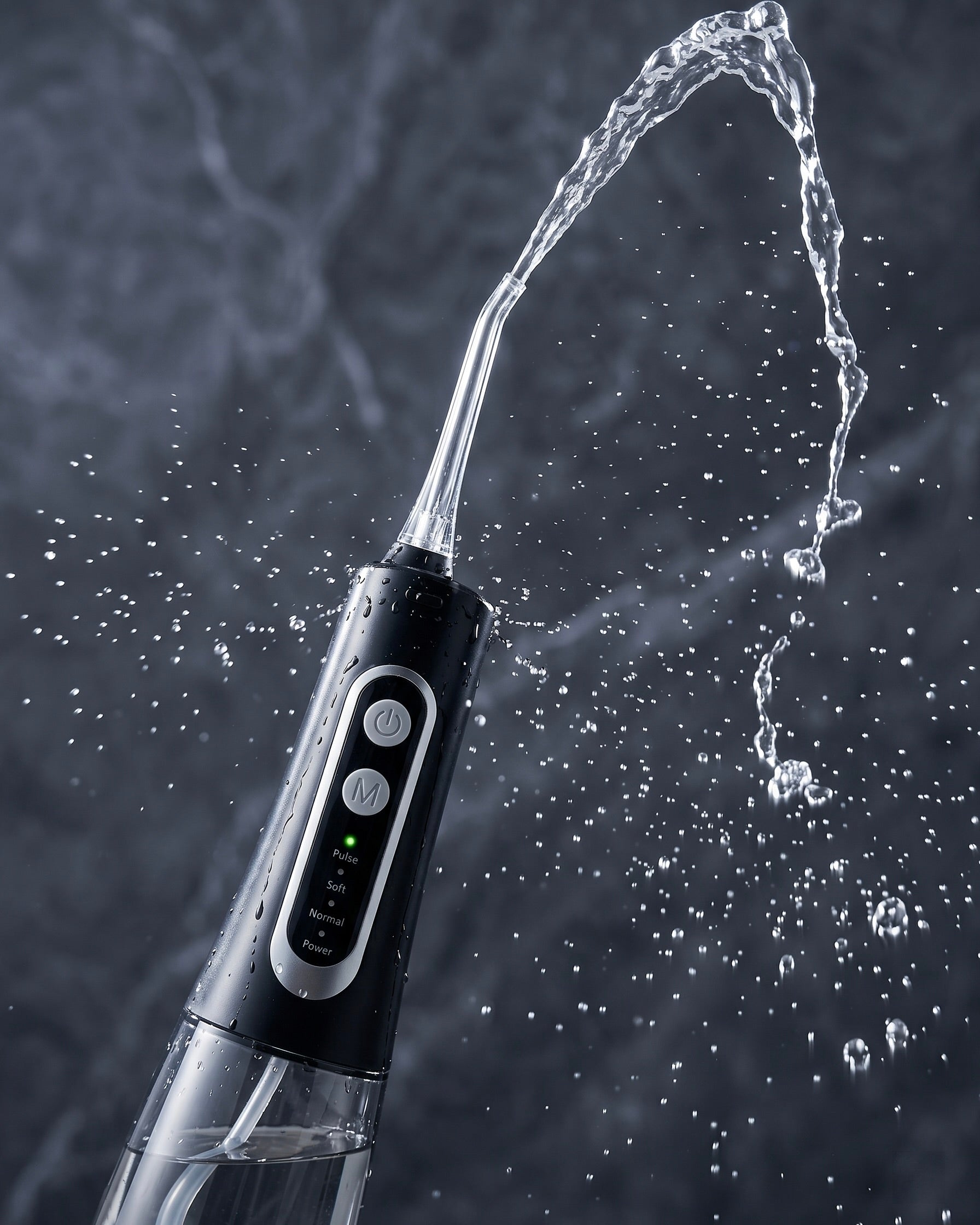 Portable water flosser spraying a clean water jet